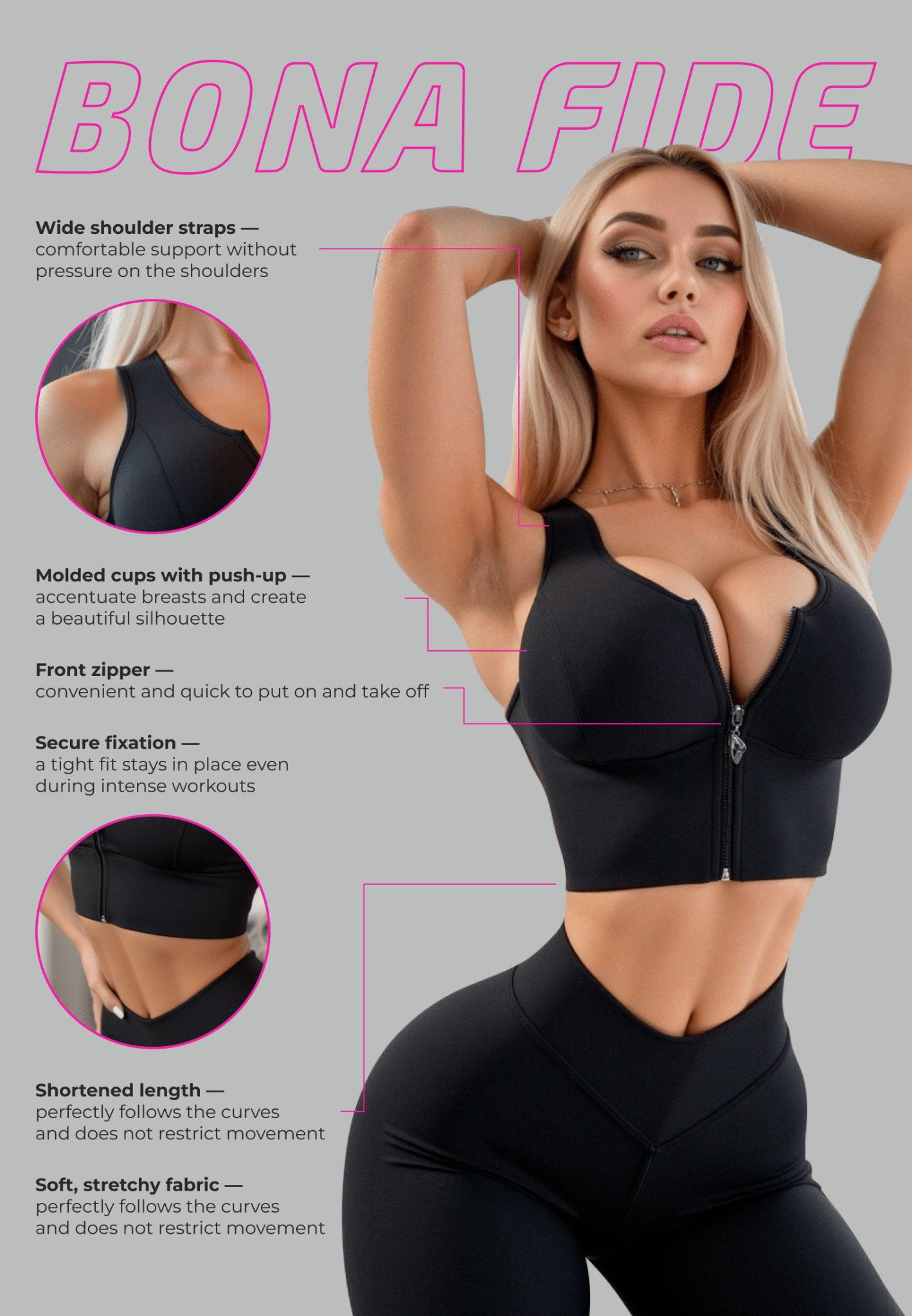 Sports Bras Top Go Zip Black - Bona Fide